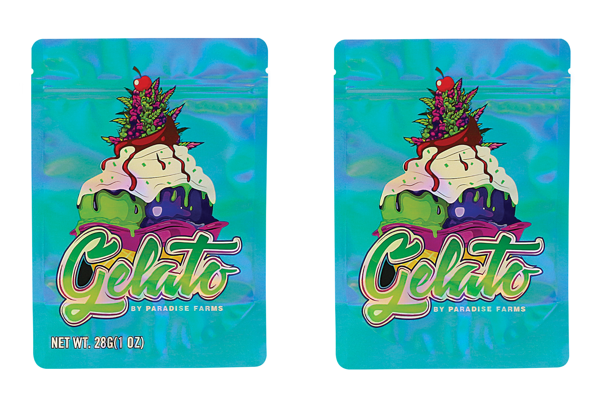 Large mylar bags, herb Mylar Bags, Mylar Bags 28 grams, Where to buy mylar bags, Custom mylar bags near me.  Two packages of 'Gelato' by Paradise Farms with colorful design on a white background.