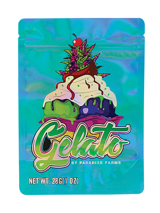 Large mylar bags, herb Mylar Bags, Mylar Bags 28 grams, Where to buy mylar bags, Custom mylar bags near me.  Gelato packaging with colorful design and 'Paradise Farms' branding on a blue background