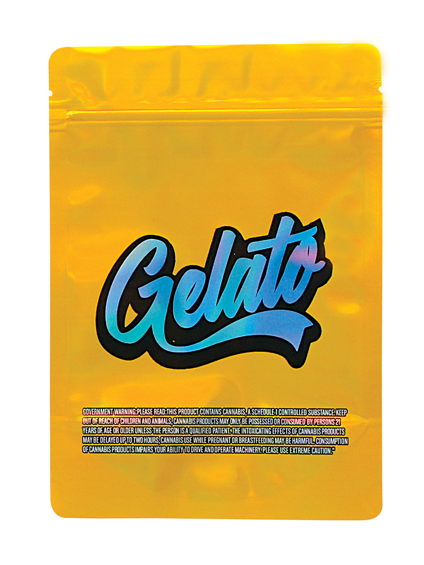 Mylar Bag Yellow packaging with 'Gelato' branding on a white background