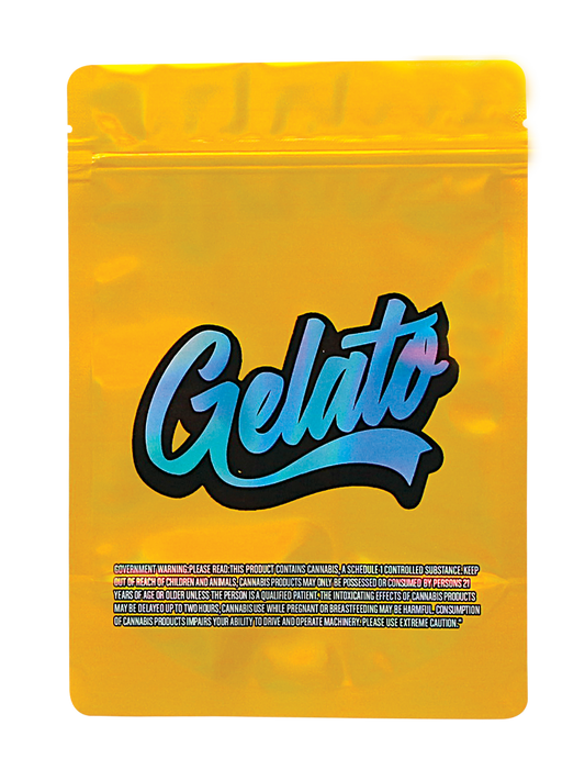 Mylar Bag Yellow packaging with 'Gelato' branding on a white background