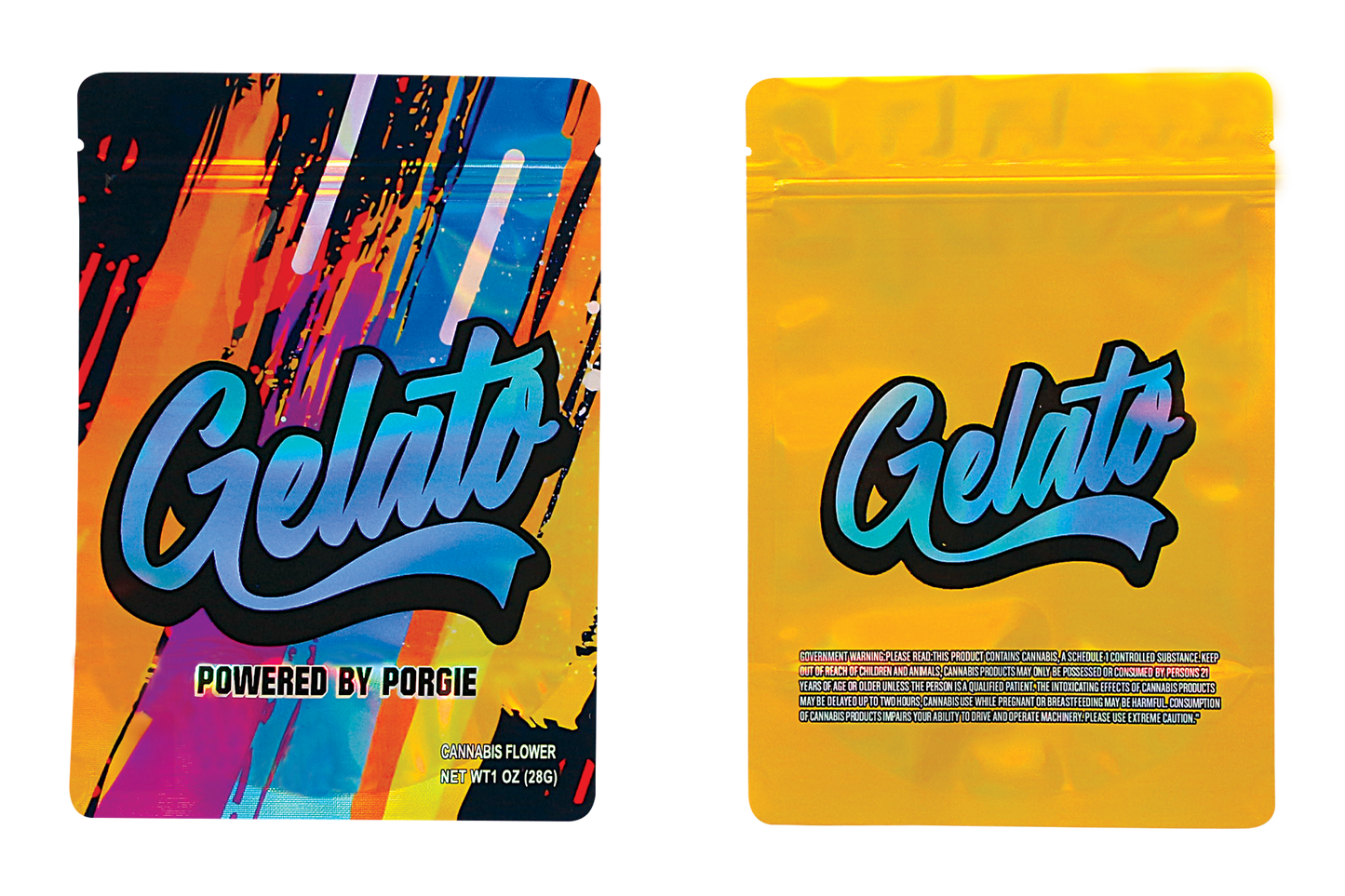 Mylar Bag Two colorful packages of 'Gelato' by Porgie on a white background