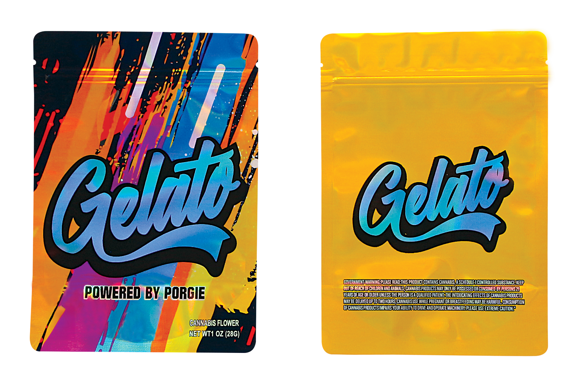 Mylar Bag Two colorful packages of 'Gelato' by Porgie on a white background