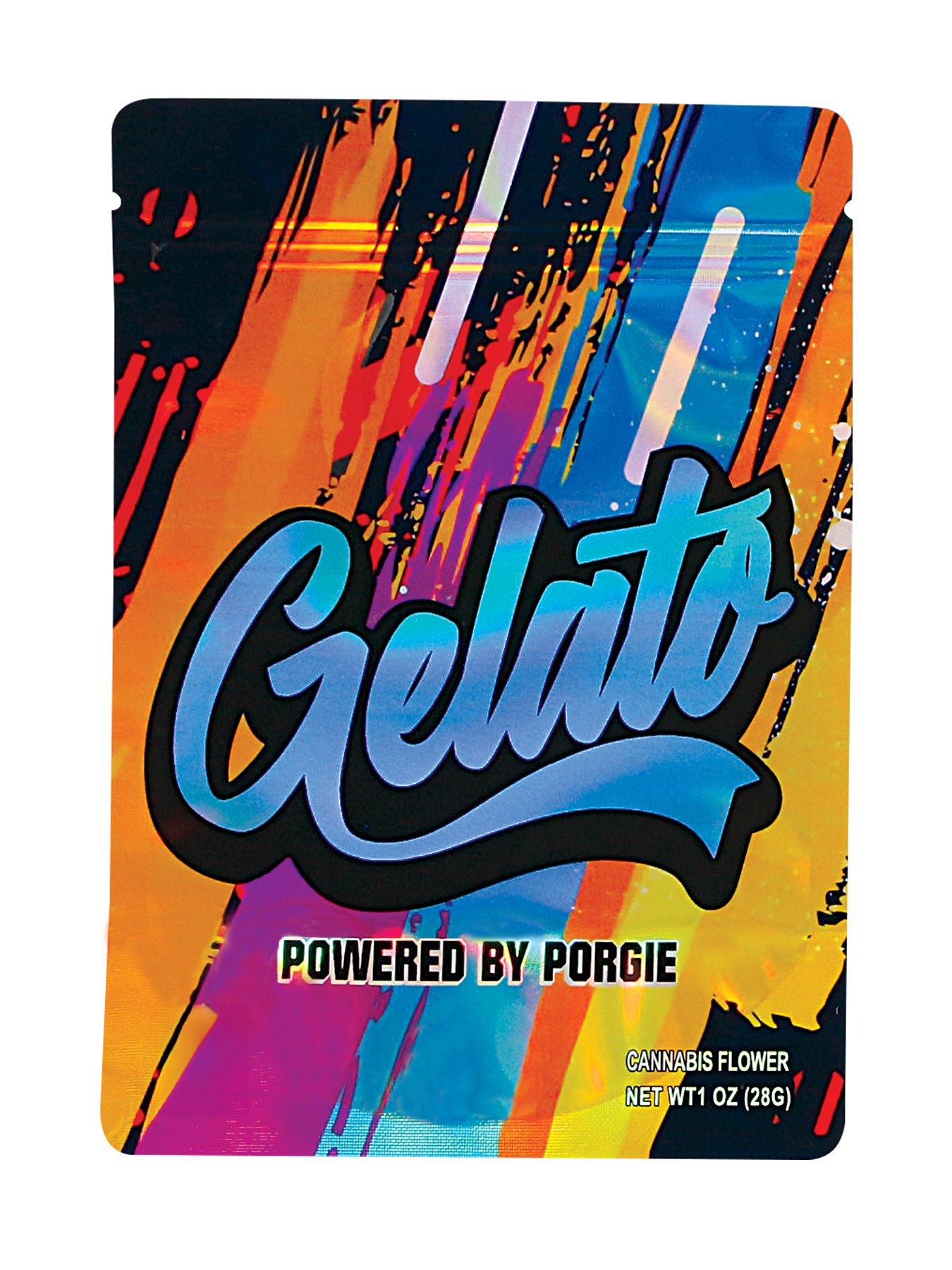 Mylar Bag Colorful packaging with 'Gelato' branding and 'Powered by Porgie' text on a white background