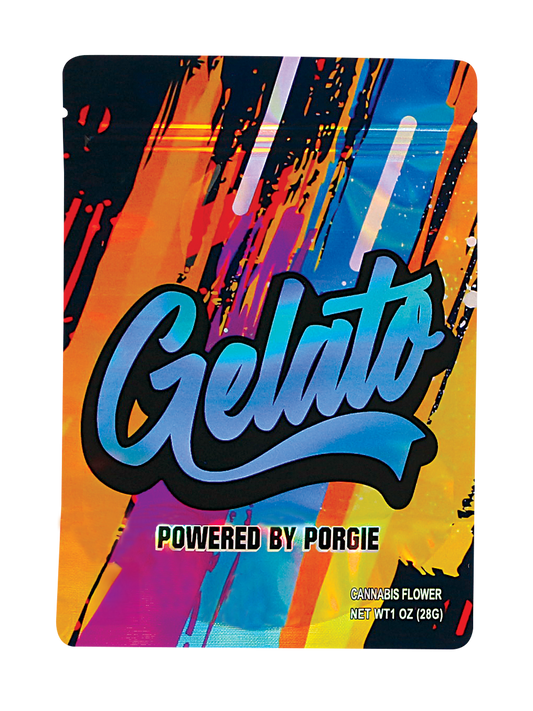 Mylar Bag Colorful packaging with 'Gelato' branding and 'Powered by Porgie' text on a white background