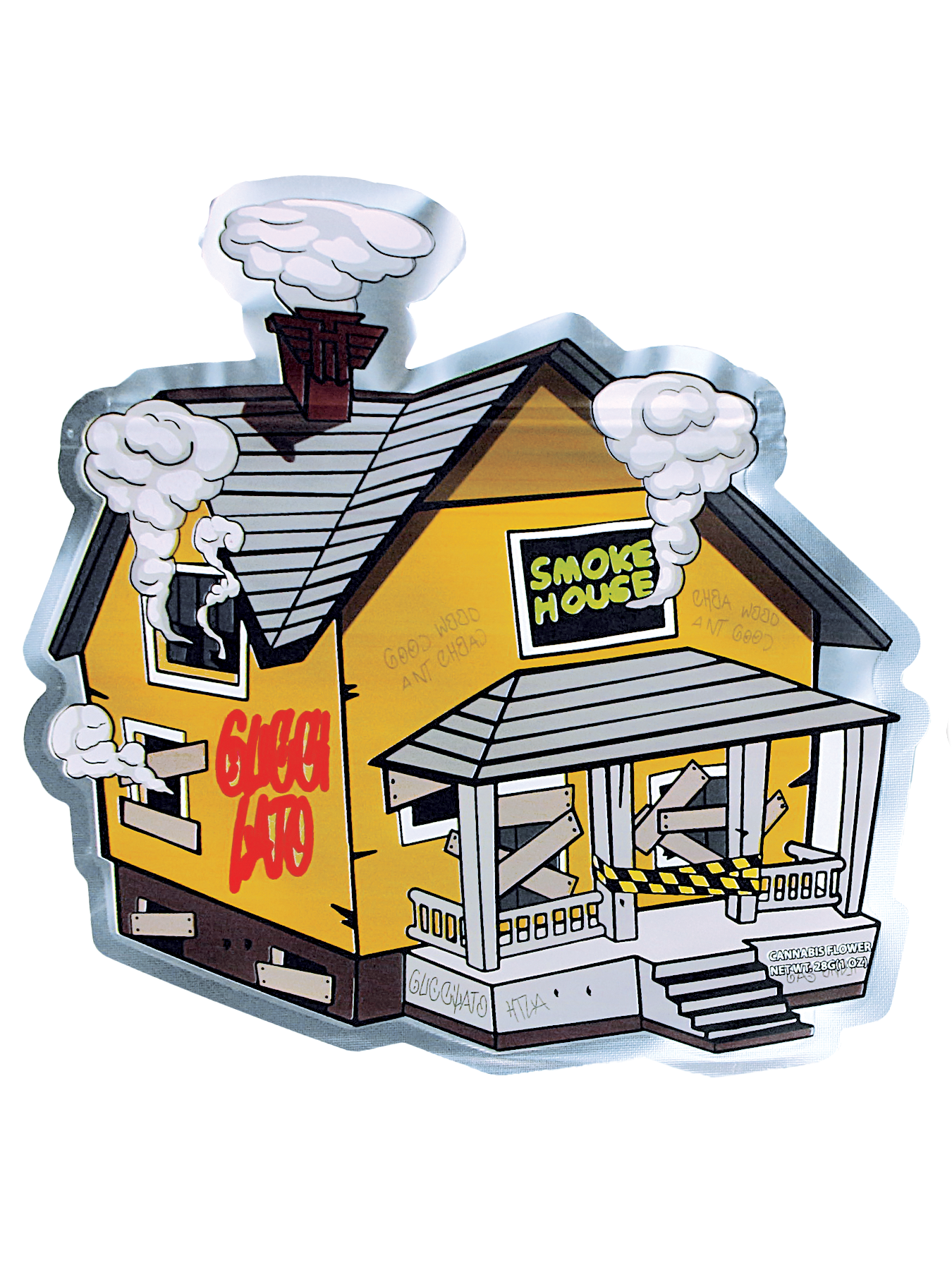 Mylar Bag Illustration of a smokehouse with 'Smoke House' sign and 'Geez BBQ' text on a white background