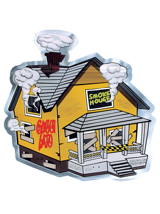 Mylar Bag Illustration of a smokehouse with 'Smoke House' sign and 'Geez BBQ' text on a white background