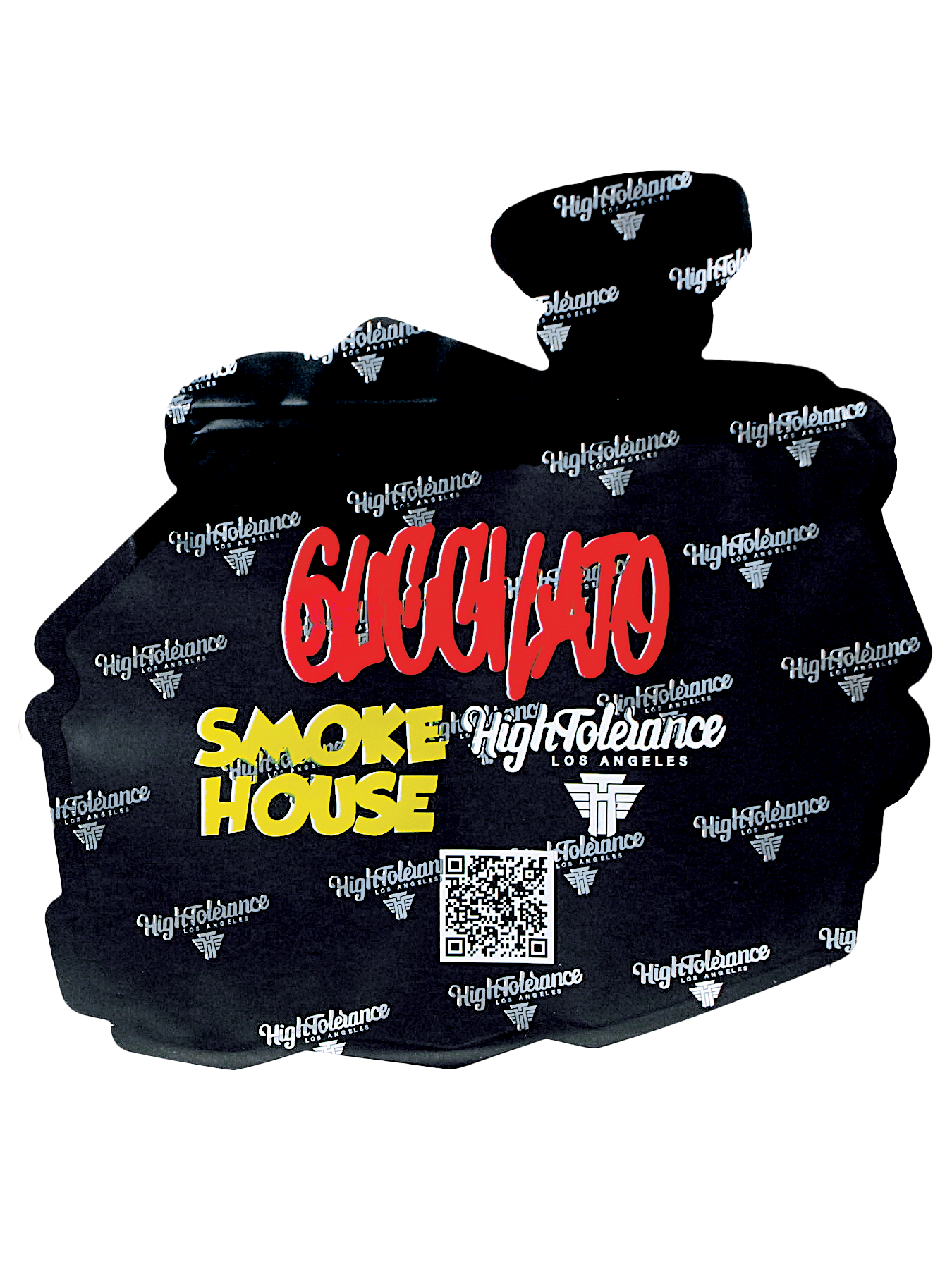 Mylar Bag Black hoodie with 'Guchacho Smoke House' and 'High Tolerance' branding on a white background