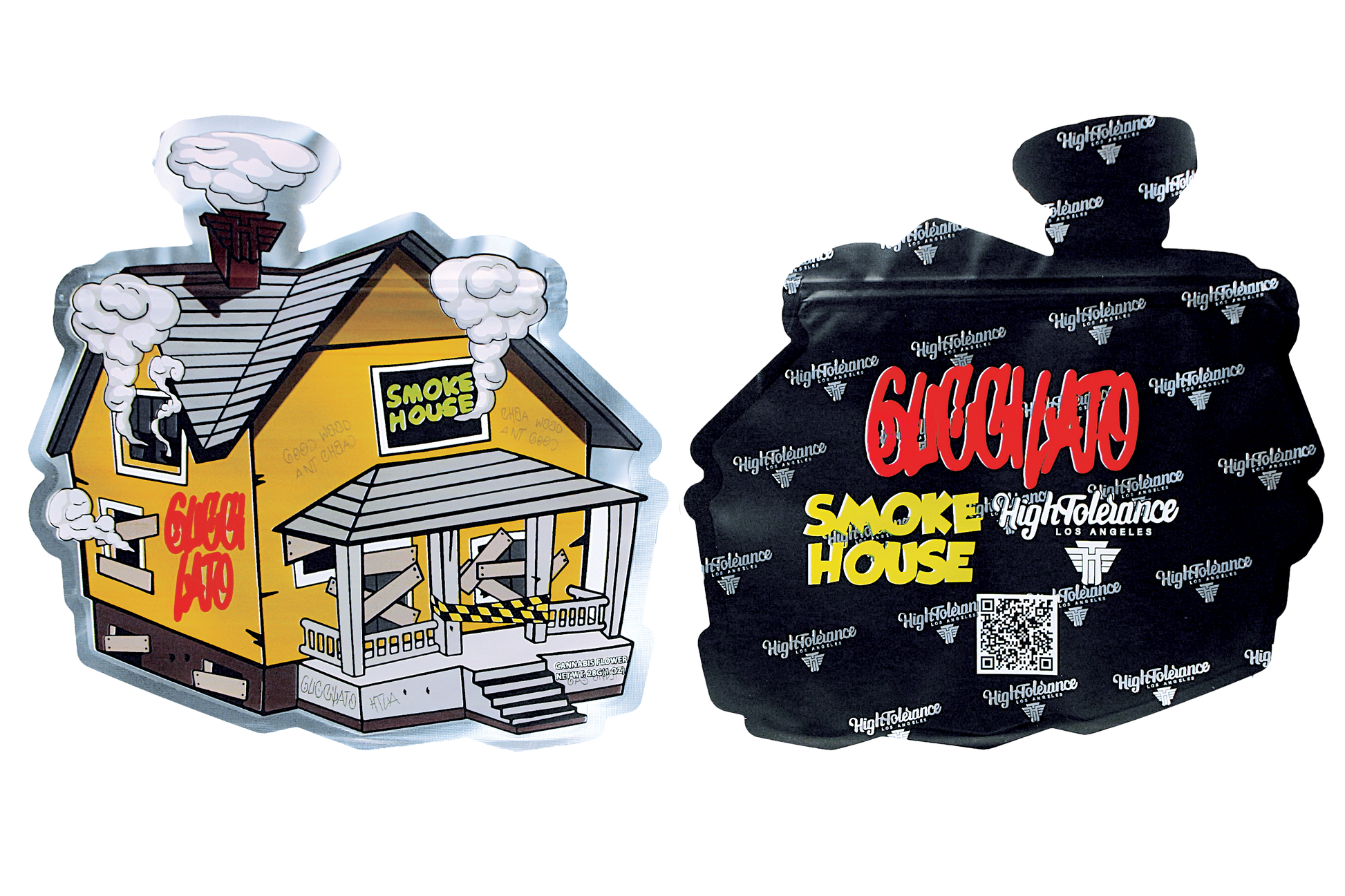 Two Mylar Bag product items: a cartoon-style 'Smoke House' sign and a black bag with branding.