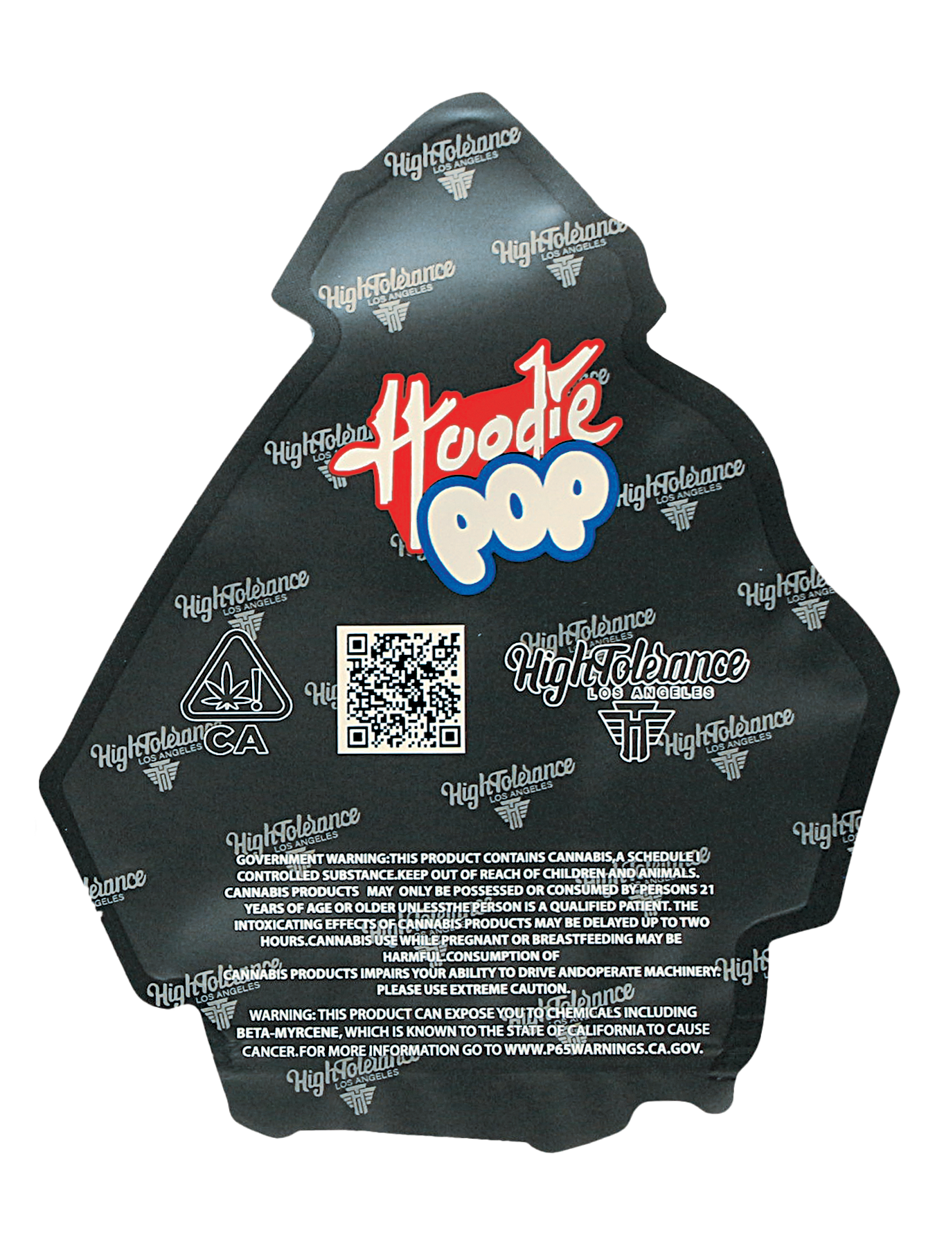 Mylar Bag Black hoodie with 'Hoodie Pop' branding and a QR code on the back, on a white background.