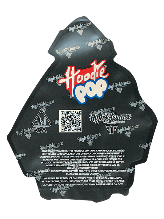 Mylar Bag Black hoodie with 'Hoodie Pop' branding and a QR code on the back, on a white background.