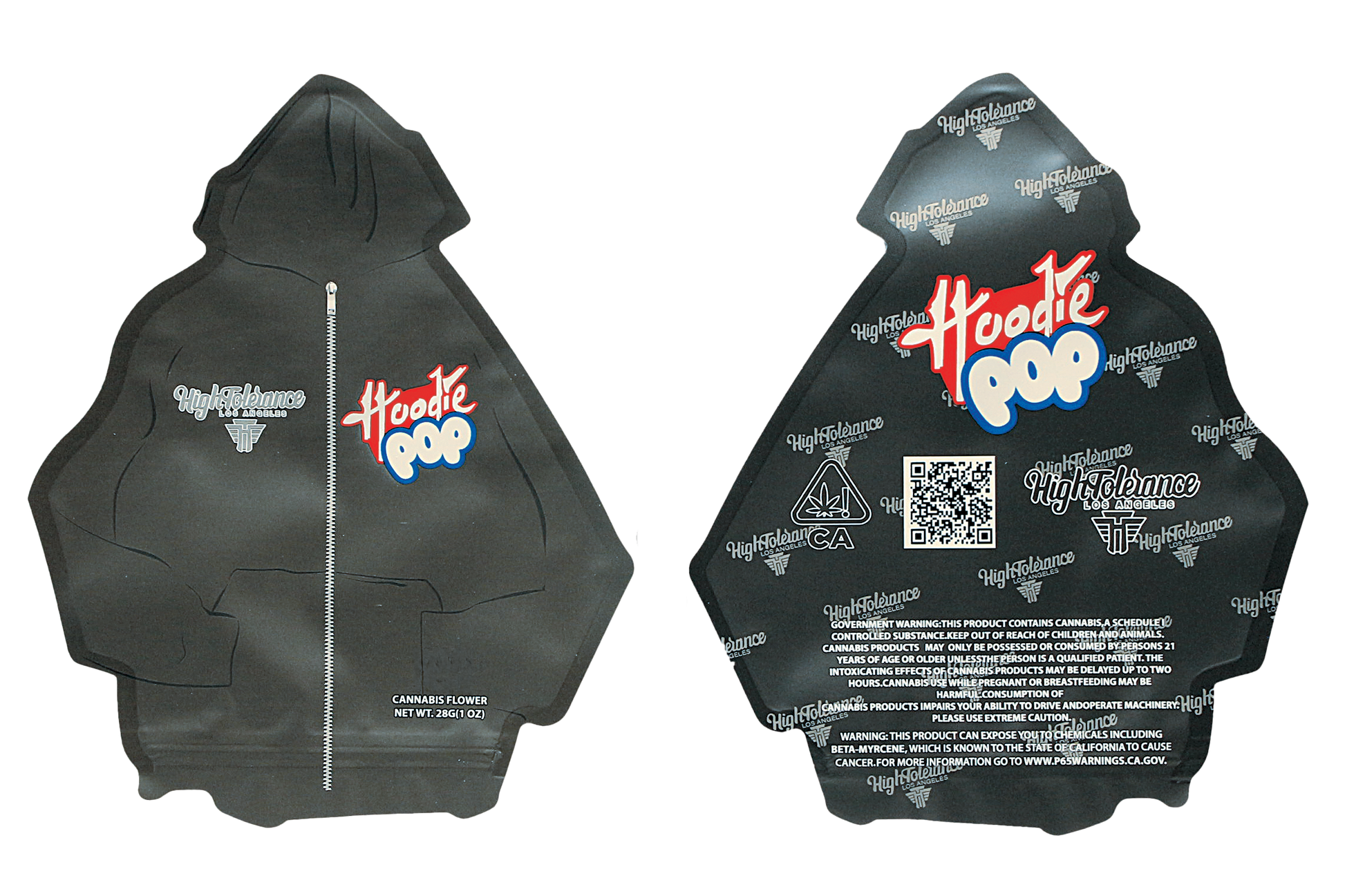 Mylar Bag Black hoodie with 'Hoochie Poo' branding on a white background