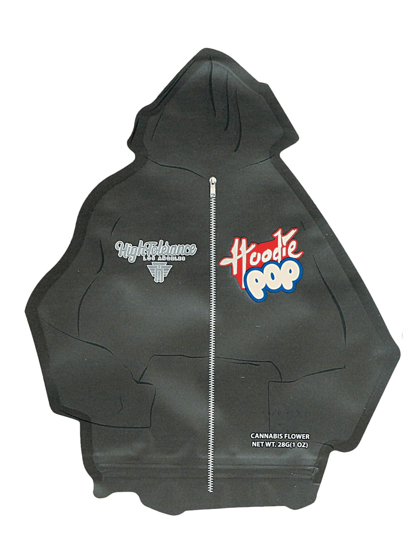 Mylar Bag Black hoodie with text and logos on a white background