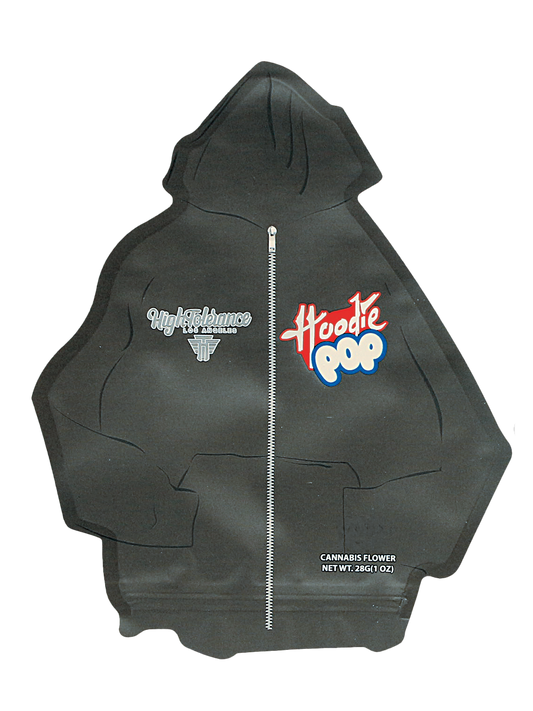Mylar Bag Black hoodie with text and logos on a white background