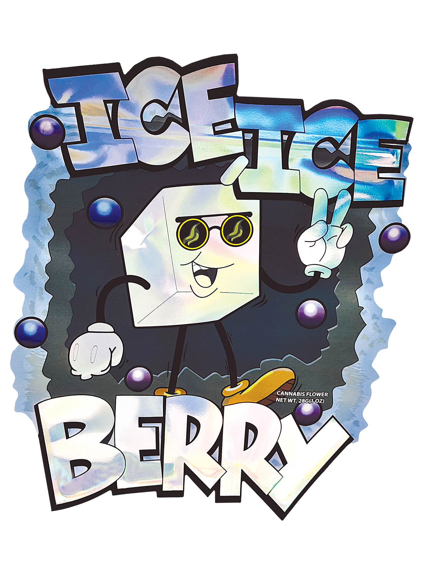 Mylar Bag Cartoon character with sunglasses and peace sign, surrounded by colorful text and shapes on a white background