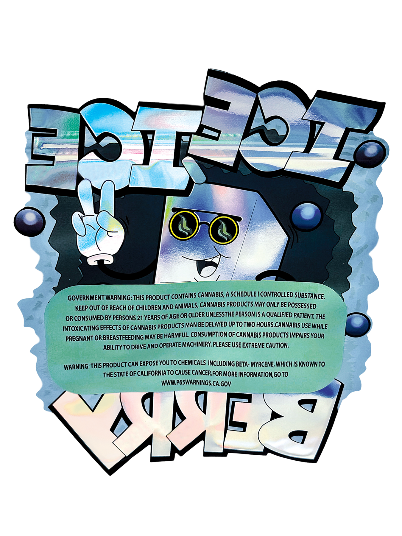 Mylar Bag Drug-related product packaging with colorful text and symbols on a white background