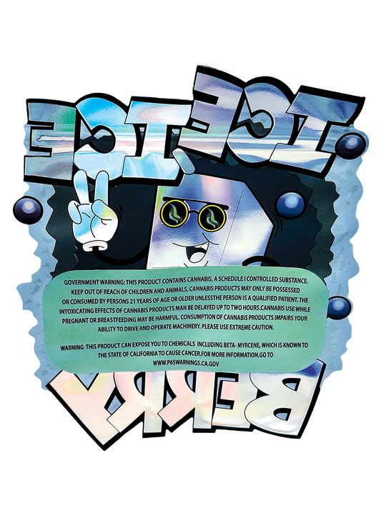 Mylar Bag Drug-related product packaging with colorful text and symbols on a white background