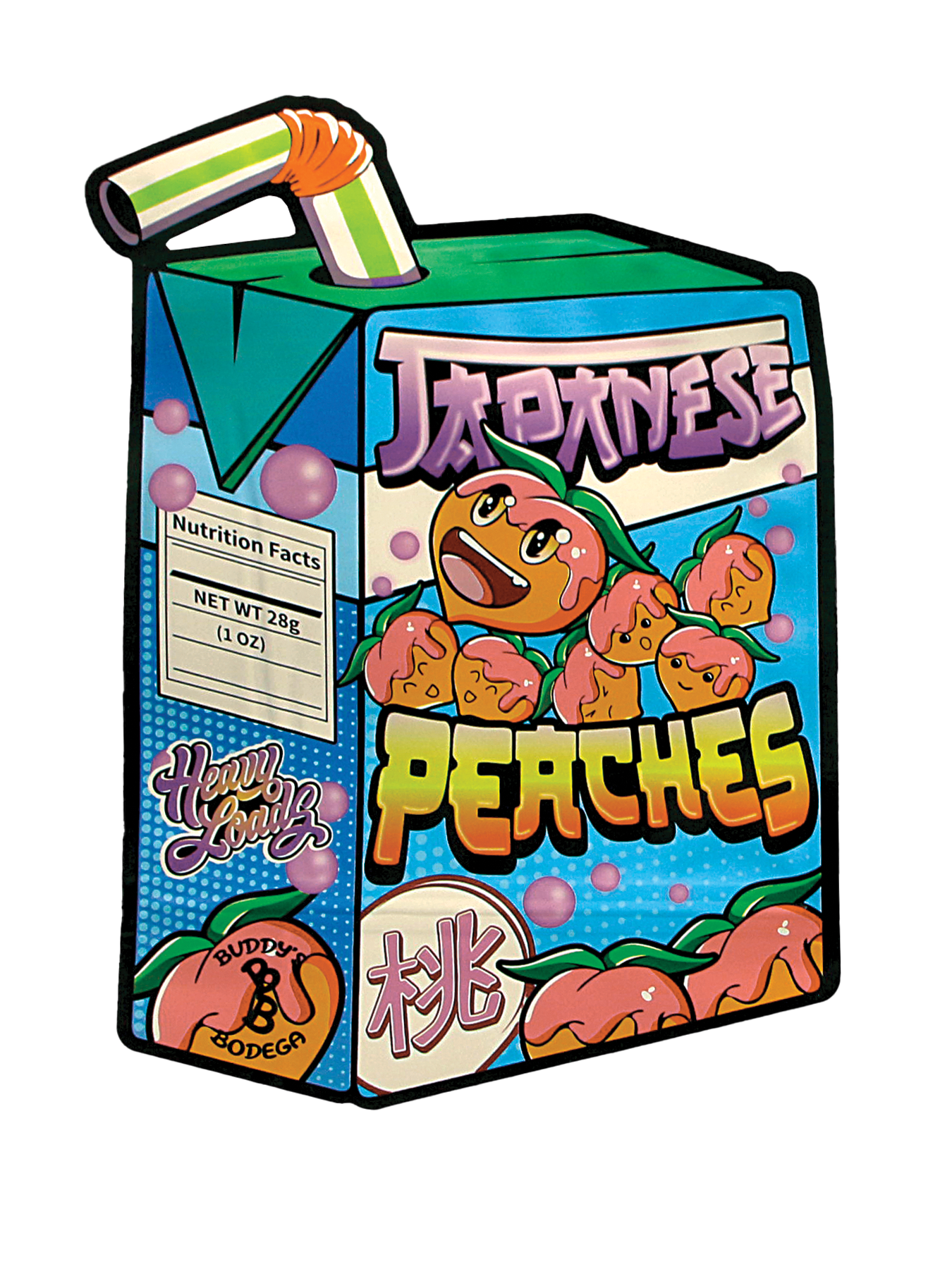 Mylar Bag Cartoon-style packaging of 'Japanese Peaches' with colorful design on a white background
