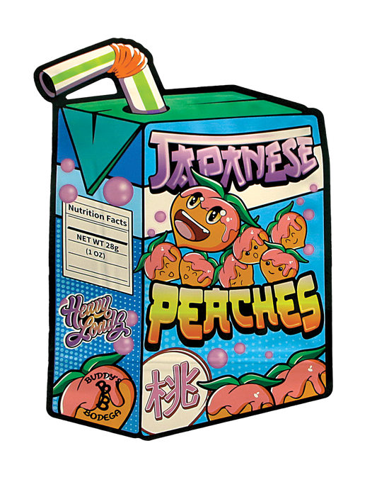 Mylar Bag Cartoon-style packaging of 'Japanese Peaches' with colorful design on a white background