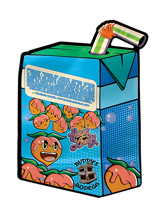 Mylar Bag Cartoon-style juice box with peach design and colorful packaging