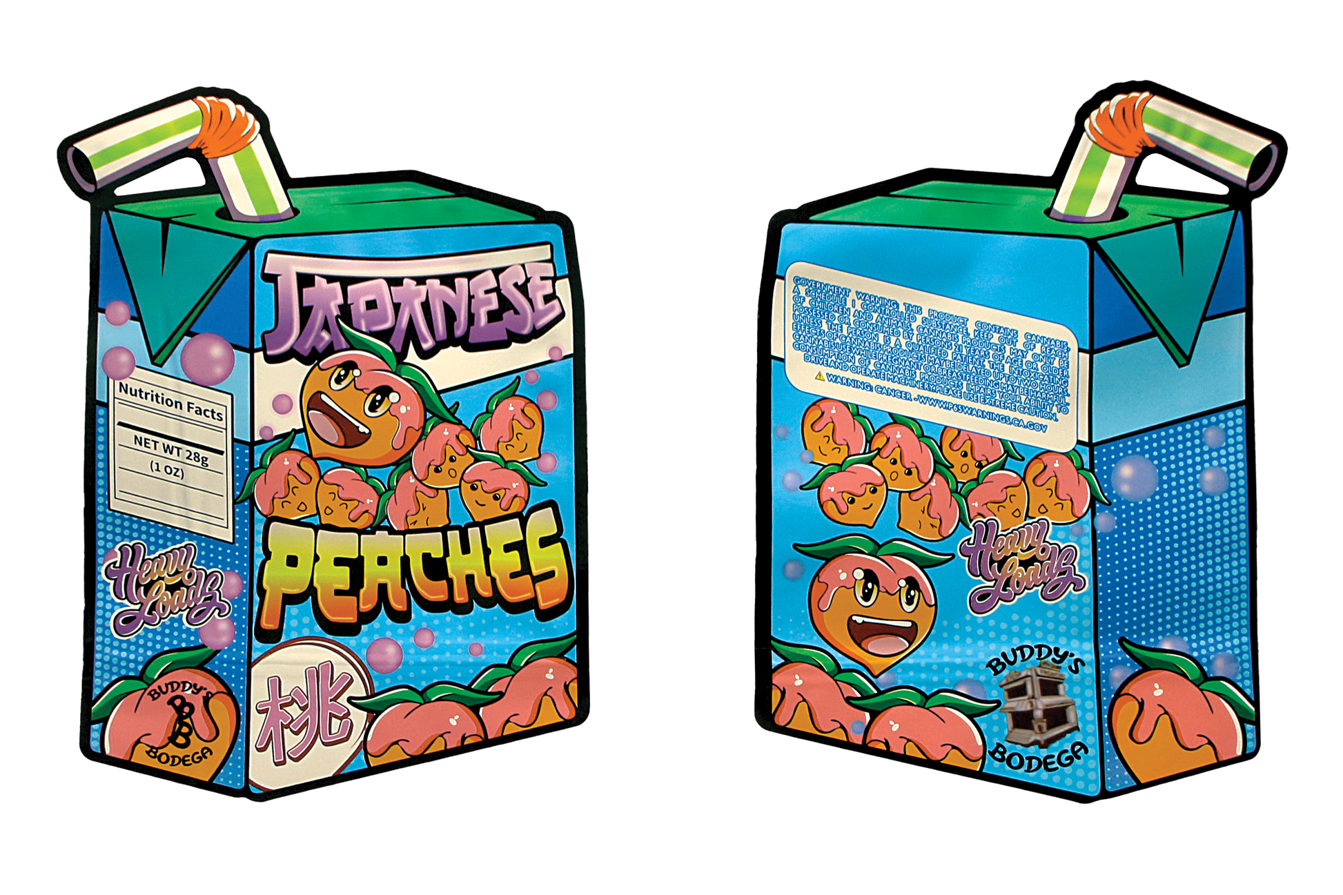 Mylar Bag Cartoon-style packaging of 'Japanese Peaches' with colorful design elements on a white background.