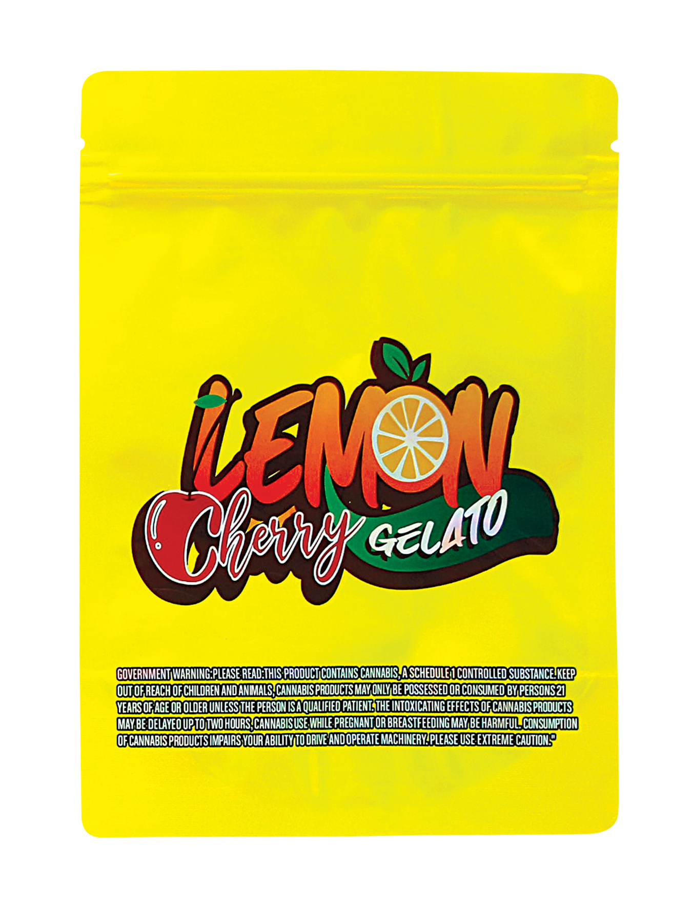 Mylar Bag Yellow packaging of Lemon Cherry Gelato with colorful text and graphics on a white background
