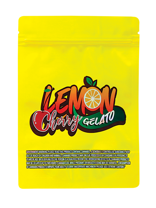 Mylar Bag Yellow packaging of Lemon Cherry Gelato with colorful text and graphics on a white background