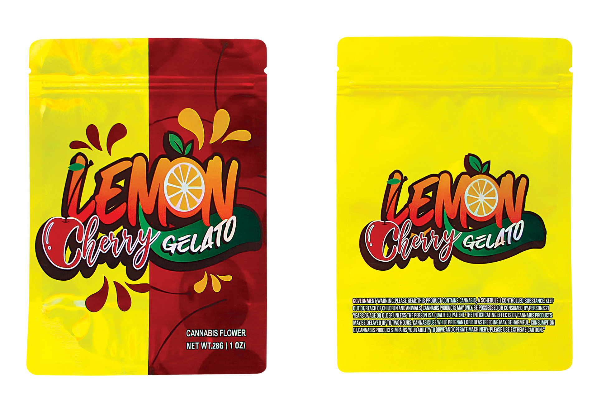 Two Mylar Bag packages of Lemon Cherry Gelato herb flower with colorful designs on a white background.