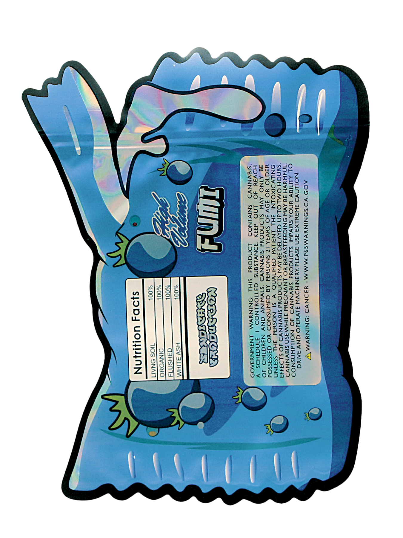 Mylar Bag Blue snack package with a spoon and nutritional information on a white background