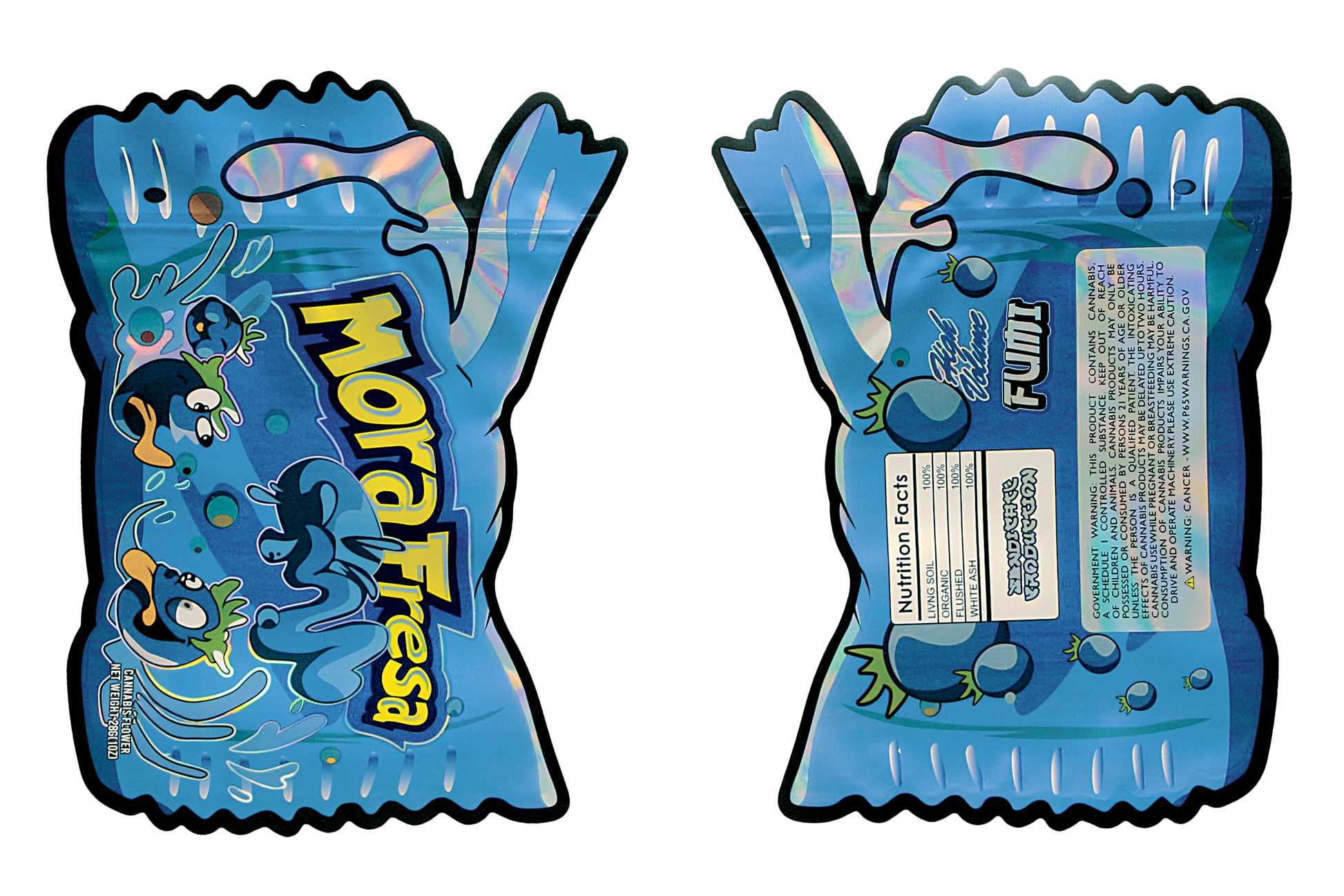 Mylar Bag Blue snack package with a spoon and nutritional information on a white background