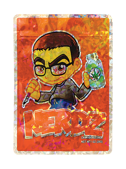 Mylar Bag Colorful packaging of a herb product with a cartoon character holding a bottle labeled 'HERDZ'.