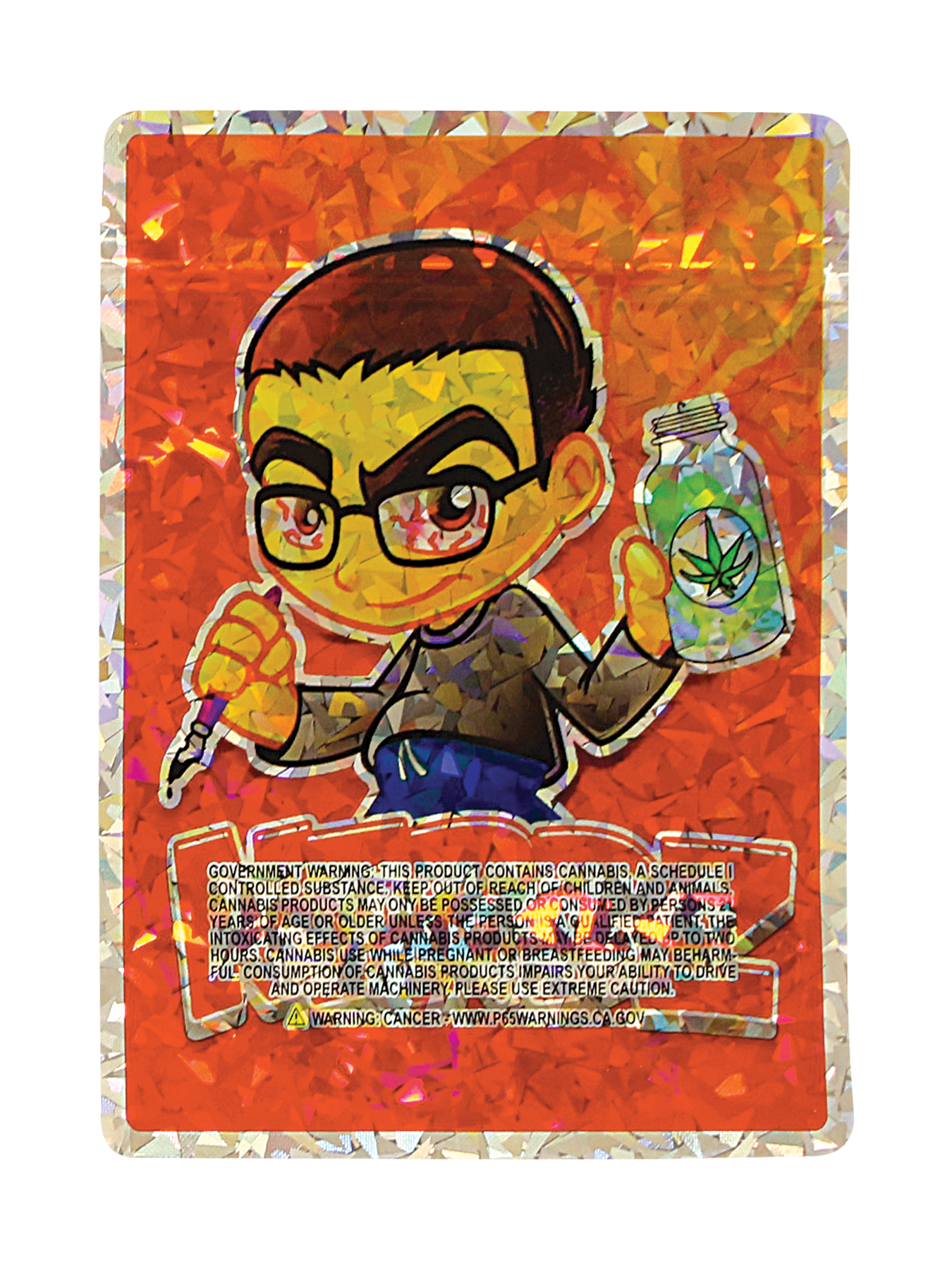 Mylar Bag Colorful product packaging with a cartoon character and text on an orange background