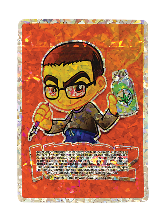 Mylar Bag Colorful product packaging with a cartoon character and text on an orange background