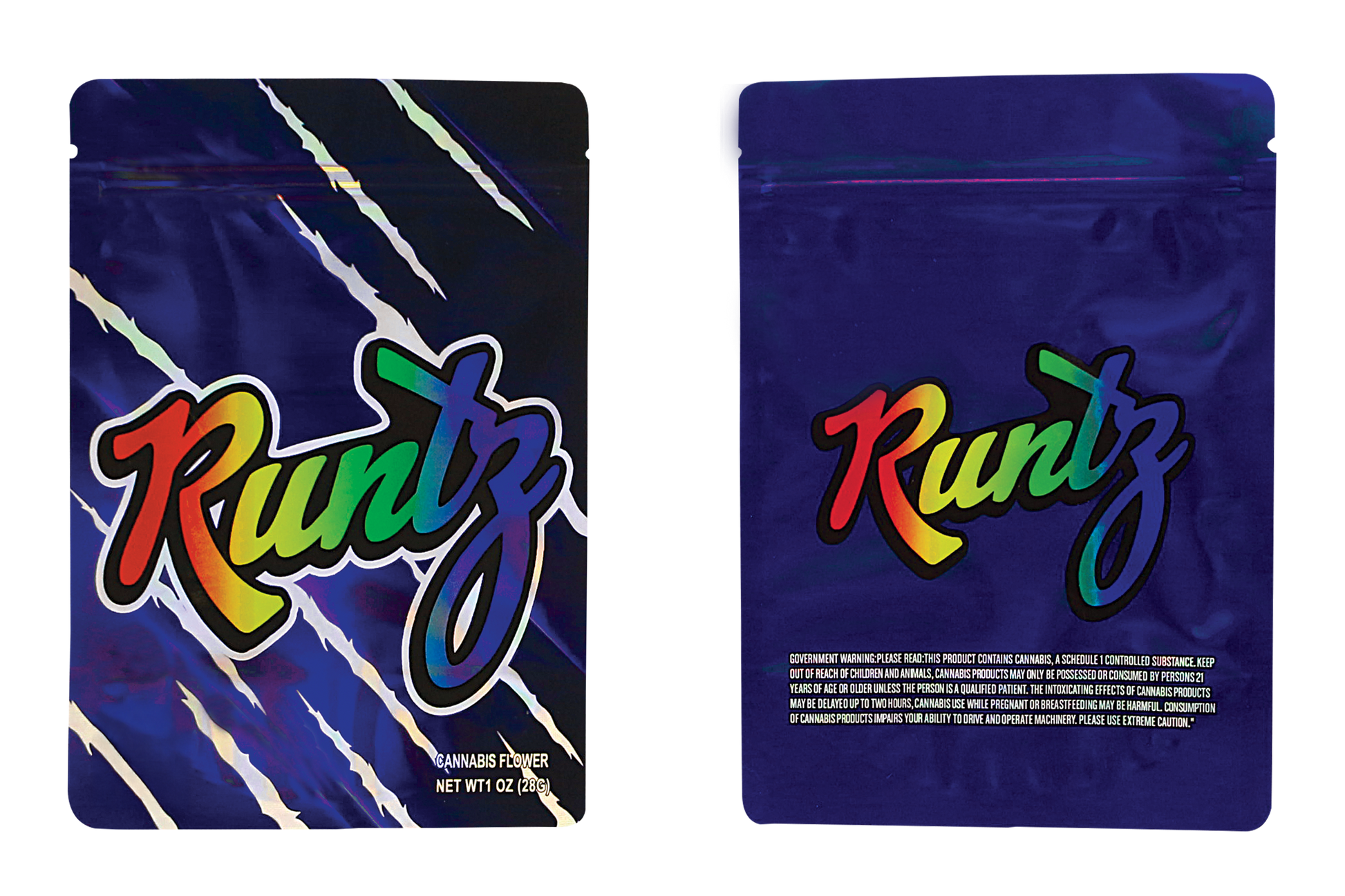 Mylar Bag Two Runtz packages with colorful branding on a white background