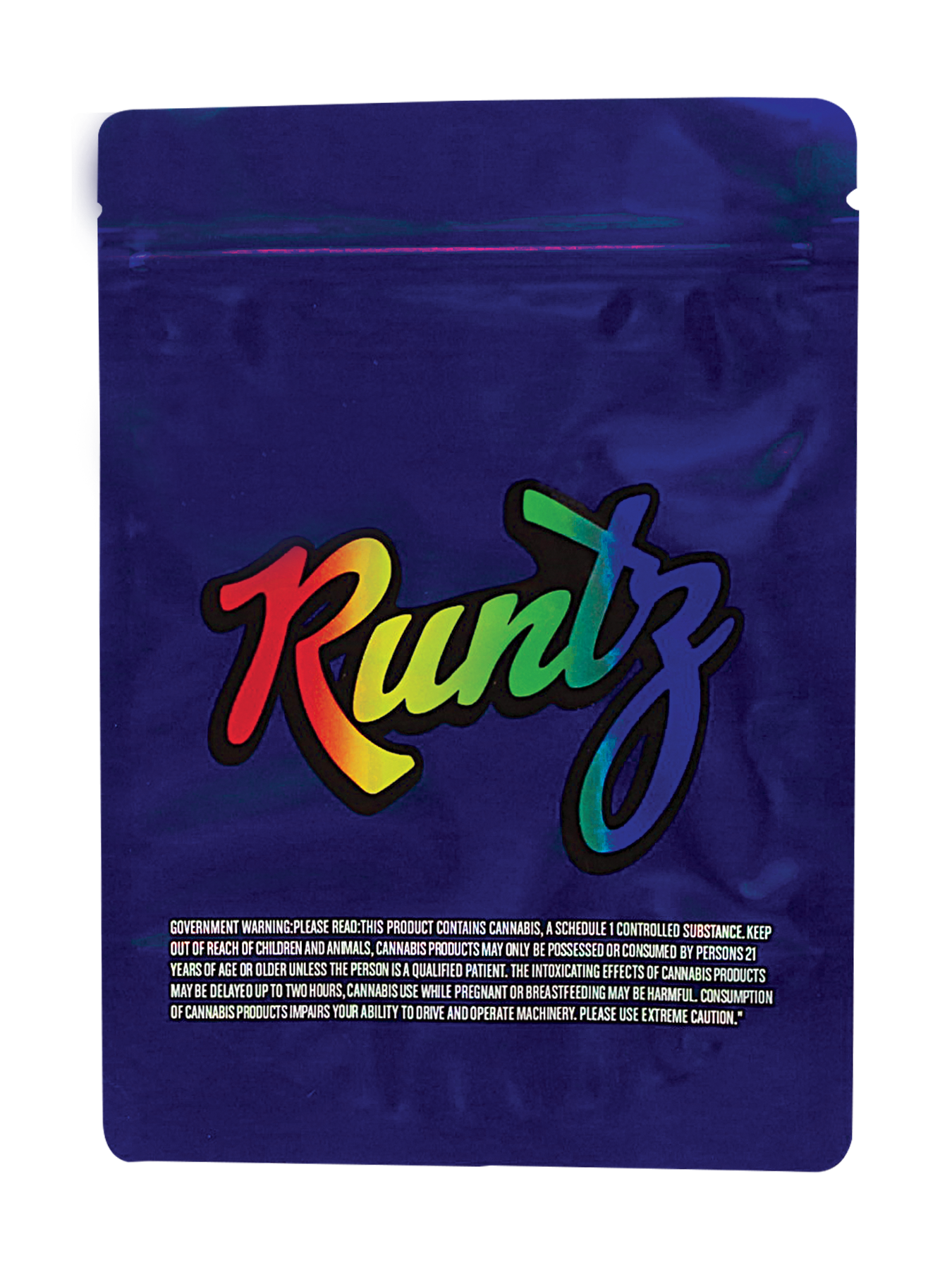 Mylar Bag Runtz packaging with colorful text on a blue background