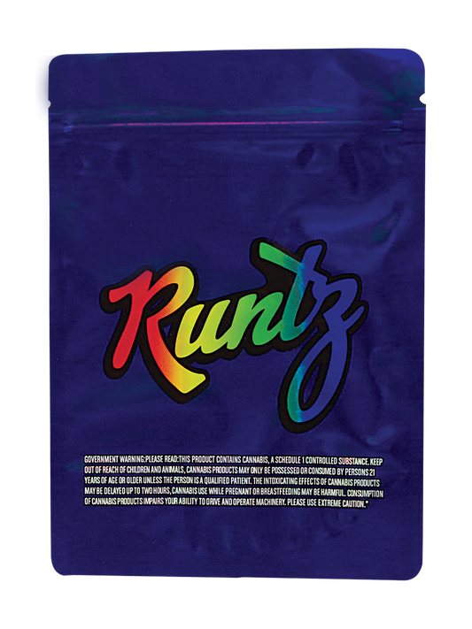 Mylar Bag Runtz packaging with colorful text on a blue background