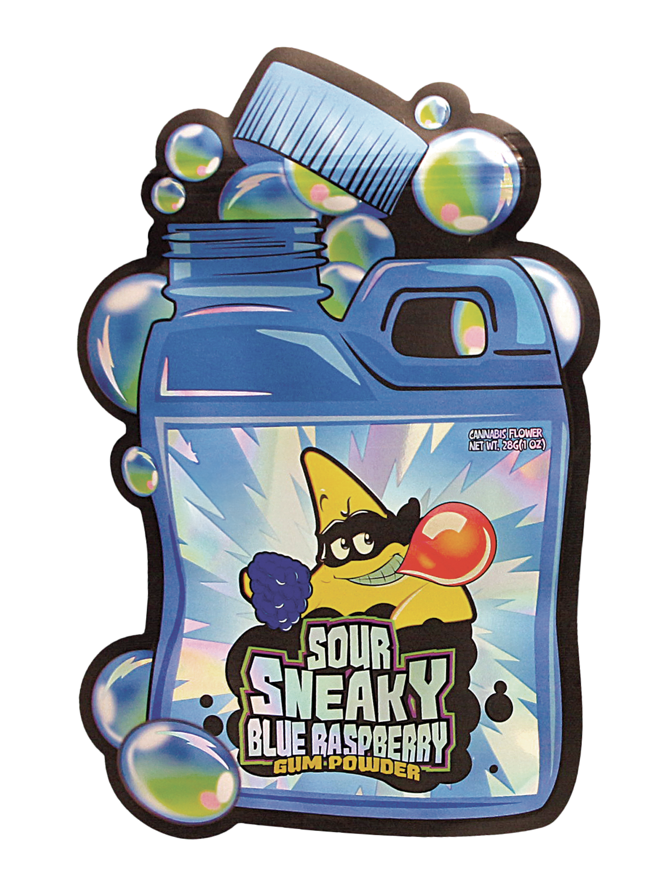Mylar Bag Sour Sneaky Blue Raspberry gum powder packaging with cartoon character on a white background