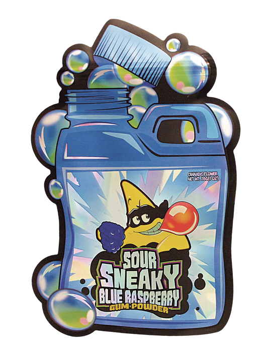 Mylar Bag Sour Sneaky Blue Raspberry gum powder packaging with cartoon character on a white background