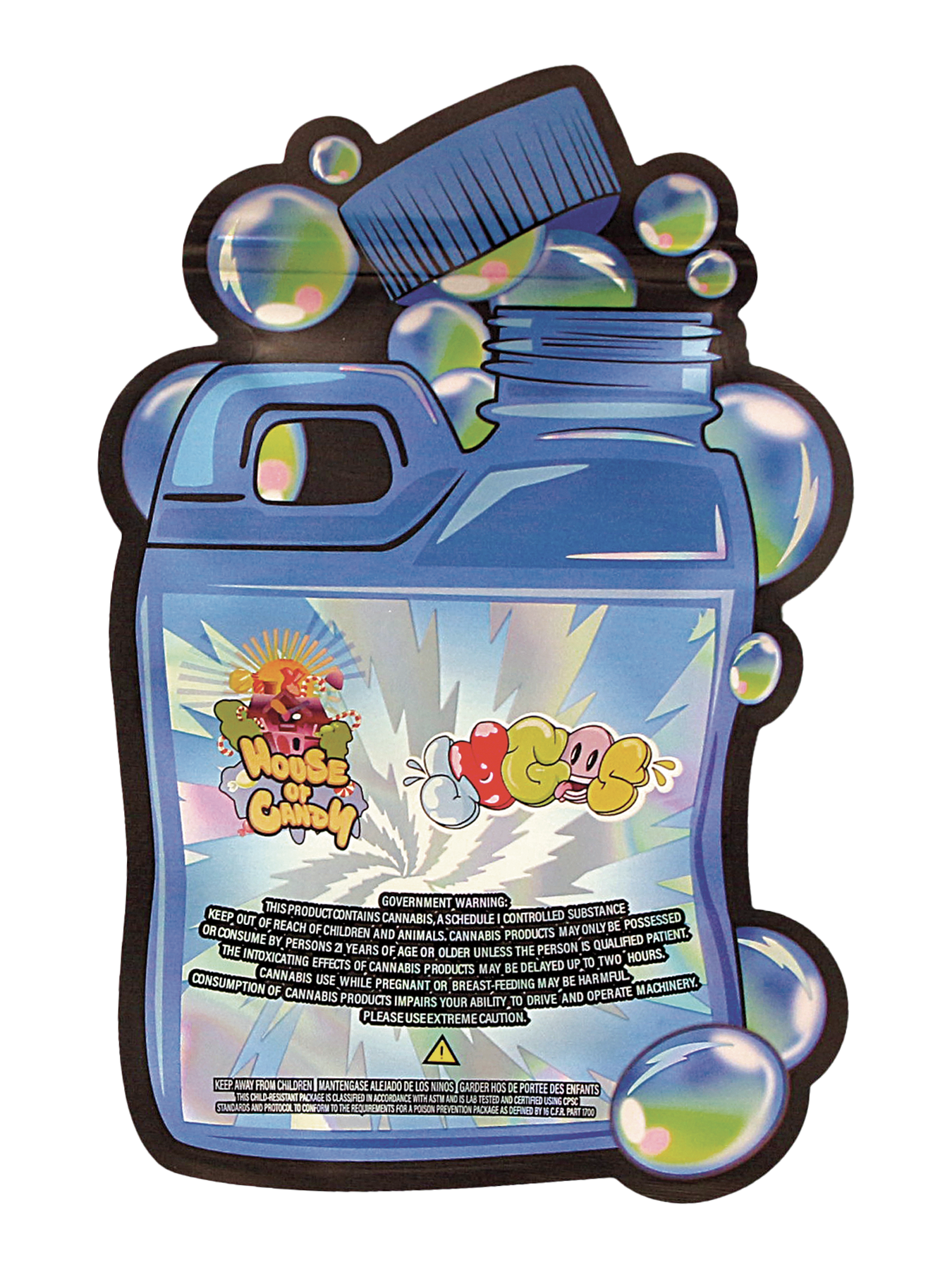 Mylar Bag Blue bottle-shaped container with colorful graphics on a white background