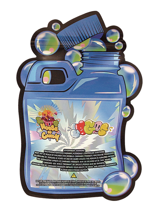 Mylar Bag Blue bottle-shaped container with colorful graphics on a white background