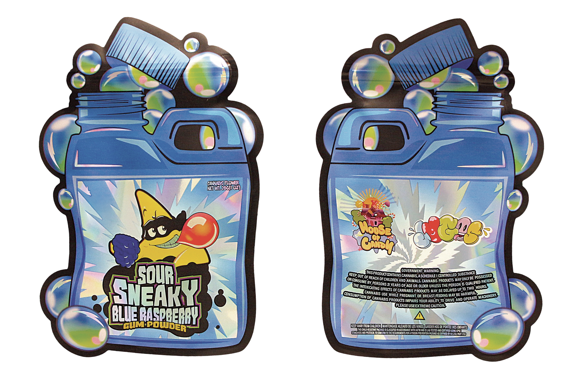 Mylar Bag Two blue containers with colorful labels on a white background