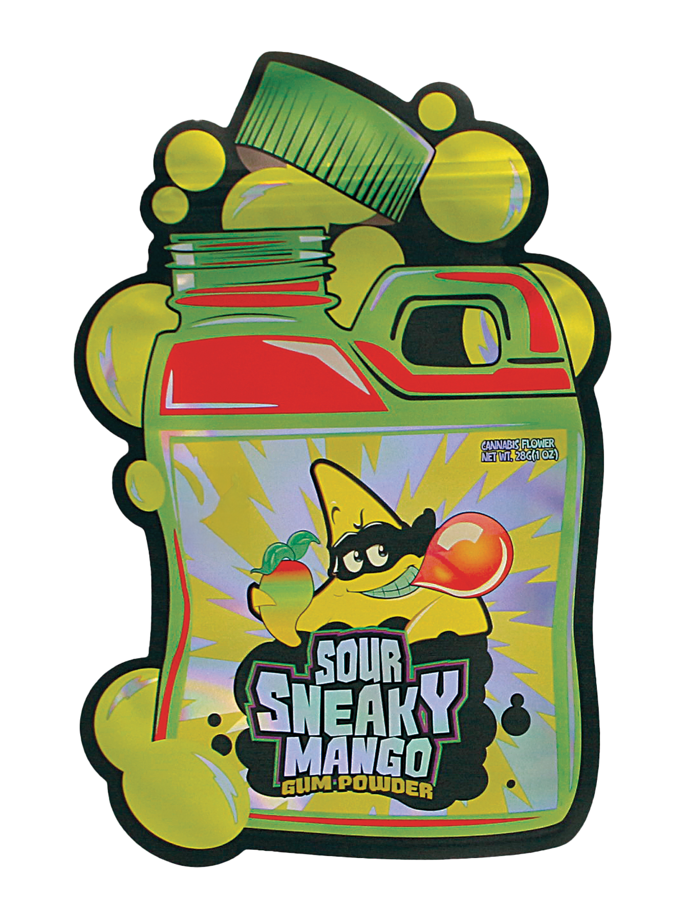 Mylar Bag Colorful packaging of Sour Sneaky Mango gum powder with cartoon character on a white background