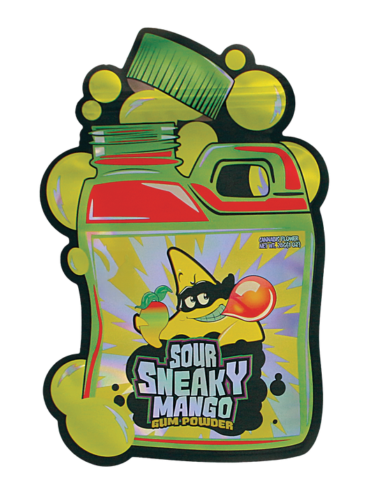 Mylar Bag Colorful packaging of Sour Sneaky Mango gum powder with cartoon character on a white background