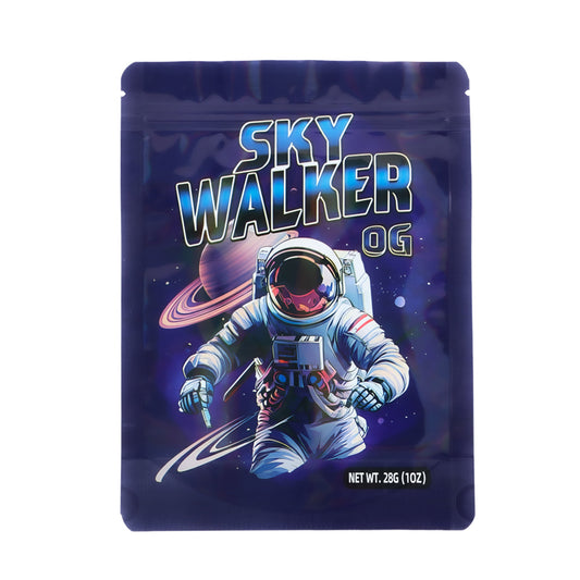 Mylar Bag Drug packaging with 'Sky Walker OG' branding featuring an astronaut design.