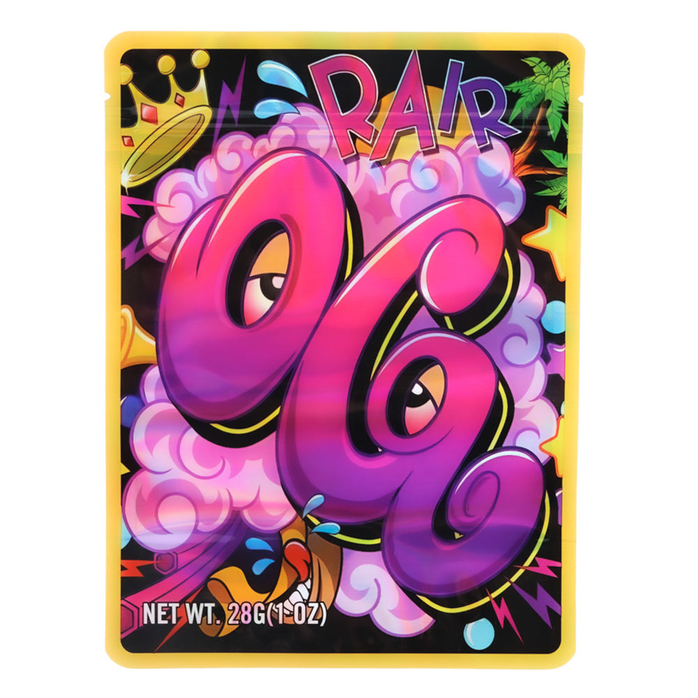 Mylar Bag Colorful packaging with 'RAIR' and '96' text on a black background