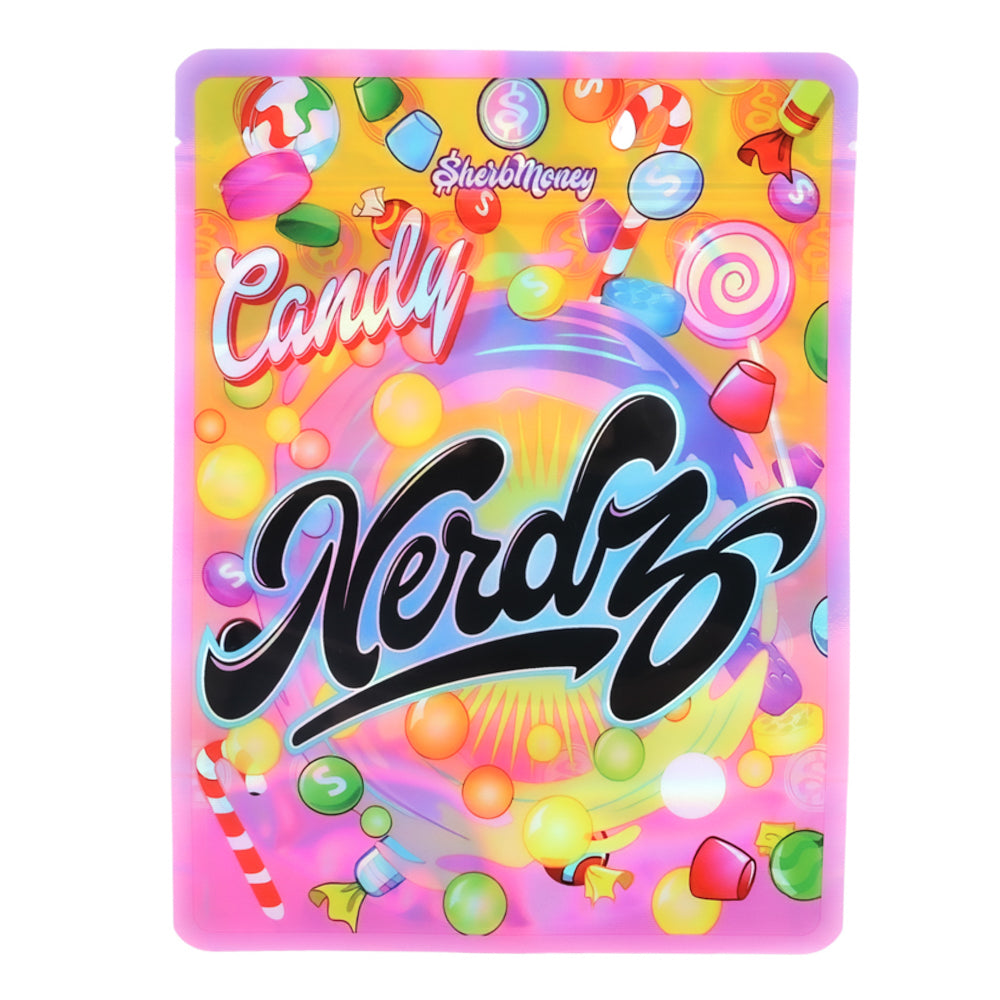 Mylar Bag Colorful packaging of Candy Nerdz with candy-themed design on a white background