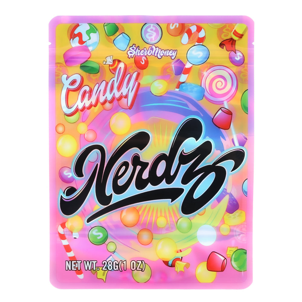 Mylar Bag Colorful packaging of Nerdzs candy with candy-themed design elements.