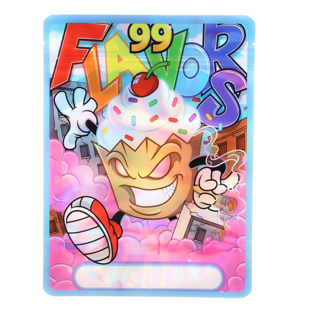 Mylar Bag Cartoon character with ice cream cone and '99 Flavors' text on a colorful background