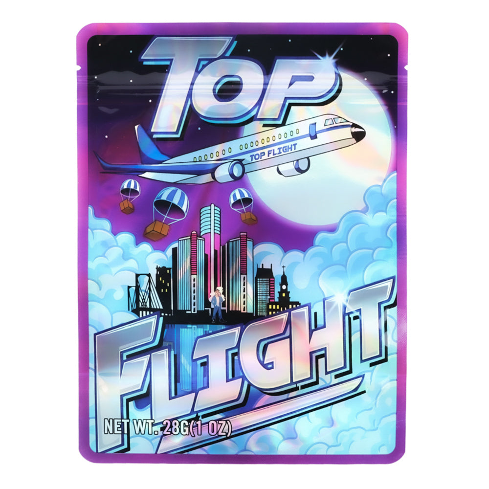 Large mylar bags, herb Mylar Bags, Mylar Bags 28 grams, Where to buy mylar bags, Custom mylar bags near me.  Top Flight candy package with airplane and cityscape design on a white background