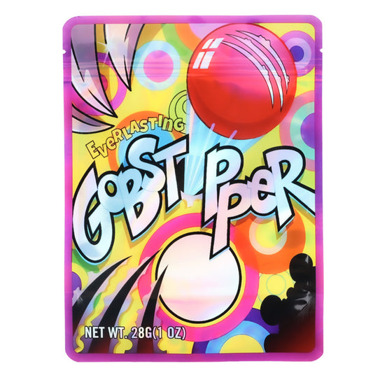 Large mylar bags, herb Mylar Bags, Mylar Bags 28 grams, Where to buy mylar bags, Custom mylar bags near me.  Colorful packaging of Everlasting Gobstoppers with a red ball and abstract design.
