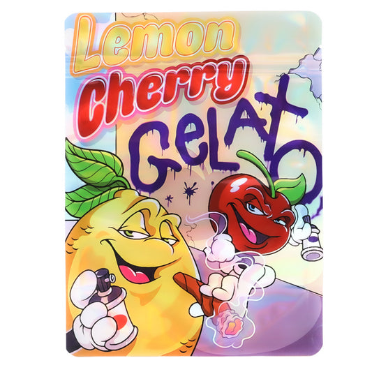 Large mylar bags, herb Mylar Bags, Mylar Bags 28 grams, Where to buy mylar bags, Custom mylar bags near me.  Cartoon lemon and cherry characters with 'Lemon Cherry Gelato' text on a colorful background